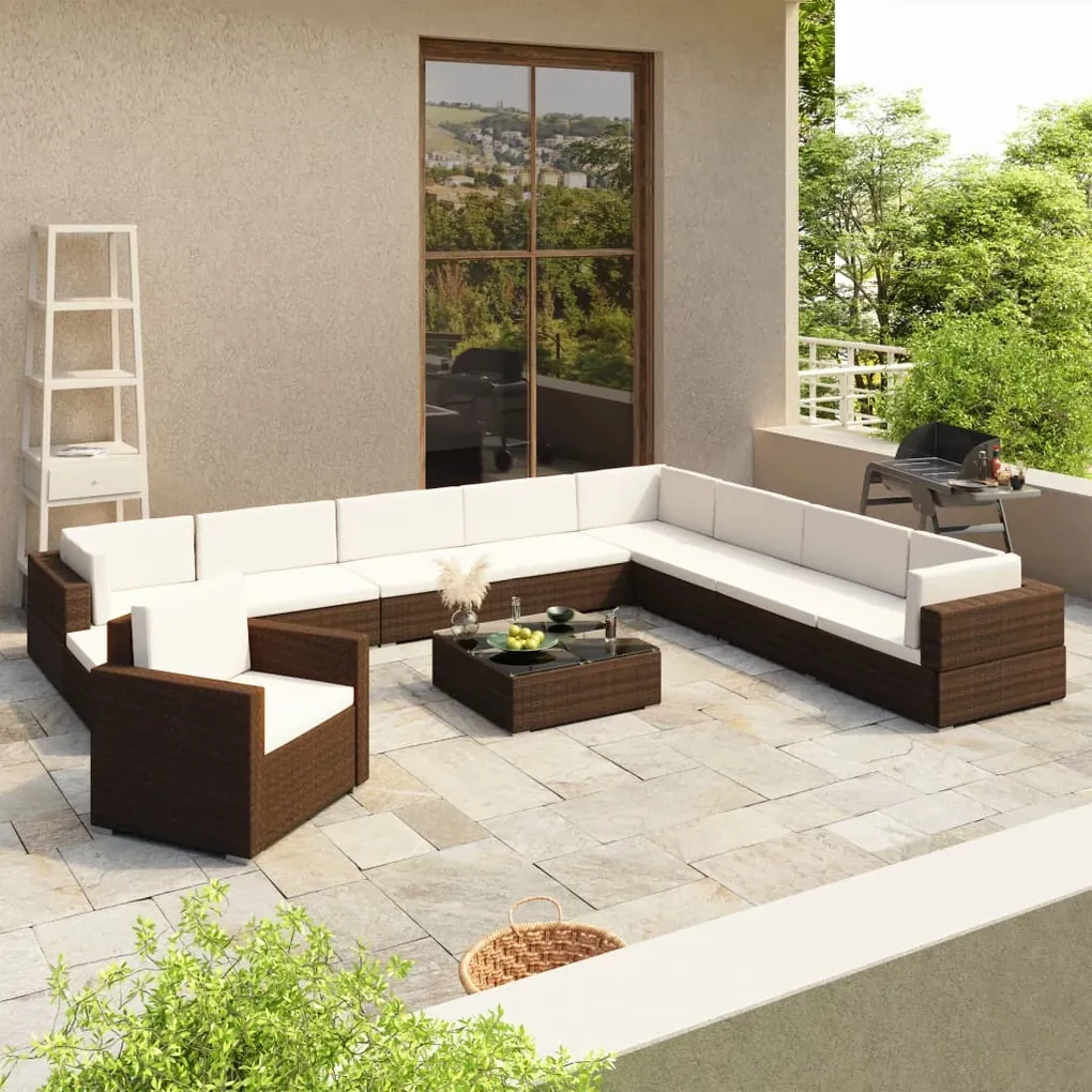 Set divani da giardino 12 pz con cuscini in polyrattan marrone