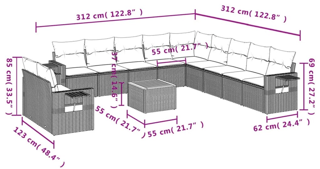 Set Divani da Giardino 12 pz con Cuscini Nero in Polyrattan