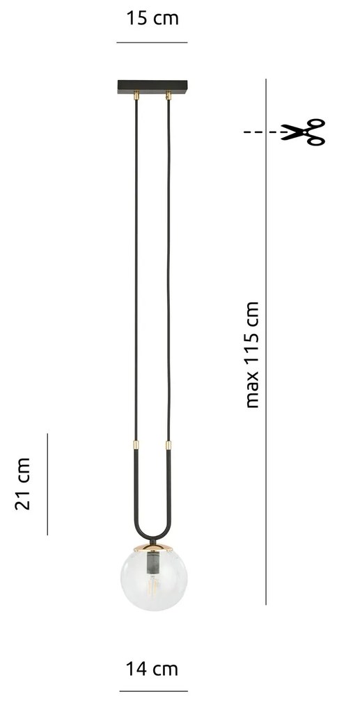 Sospensione Contemporanea 1 Luce Glam Acciaio Nero Oro E Sfera Vetro Trasparente