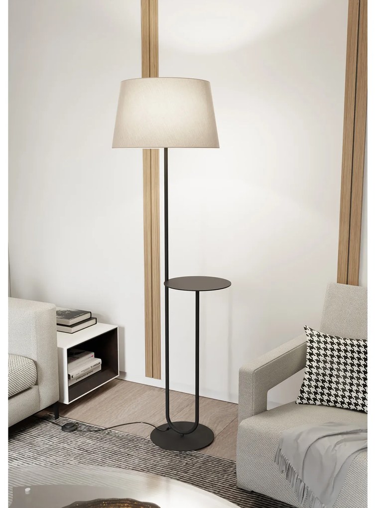Piantana 1 Luce Horus Paralume In Tessuto Beige Con Mensola In Acciaio Nero