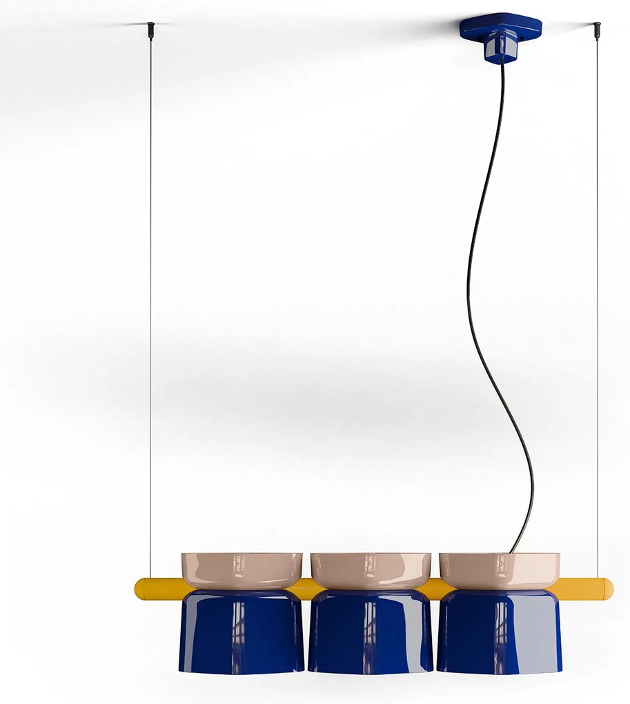 Lampadario Decò Yakitori Ceramica Grigio Sabbia Blu Metallo Giallo 3 Luci E27