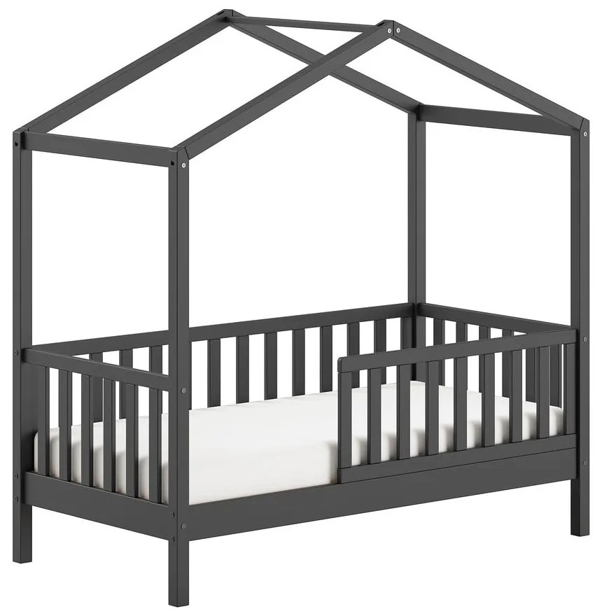 Letto da bambini a forma di casa color antracite in pino massiccio con rete inclusa 70x140 cm DALLAS – Vipack