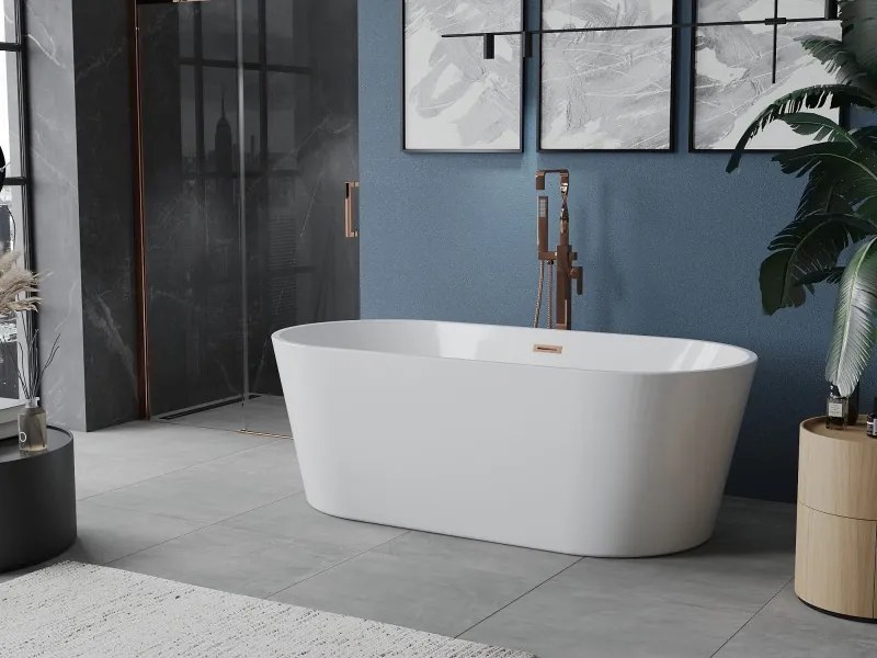 Mexen Luna vasca da bagno freestanding 160 x 75 cm, bianca, troppopieno rame spazzolato - 52031607500-65