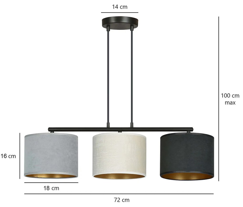 Lampadario 3 Luci Ganesha In Acciaio Nero E Paralumi In Tessuto Multicolore