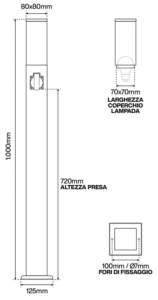 Paletto da giardino con Doppia Presa Corrente 1m Acciaio Nero E27