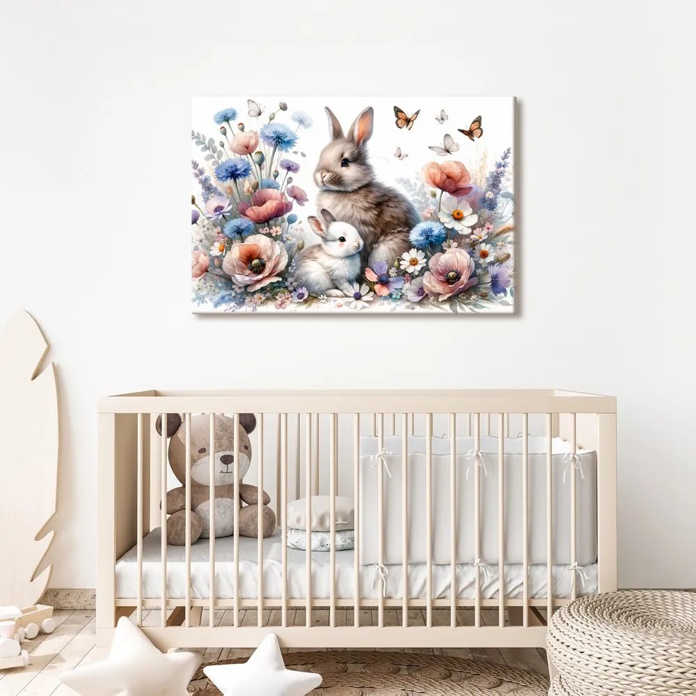 Quadro su tela – Coniglietti in giardino primaverile in fiore