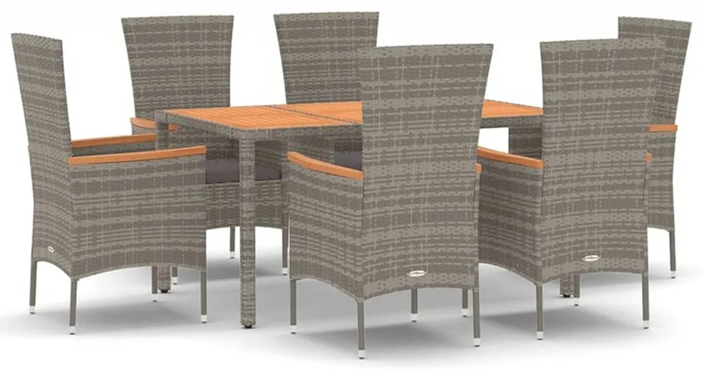 Set da pranzo da giardino 7 pz con cuscini in polyrattan grigio