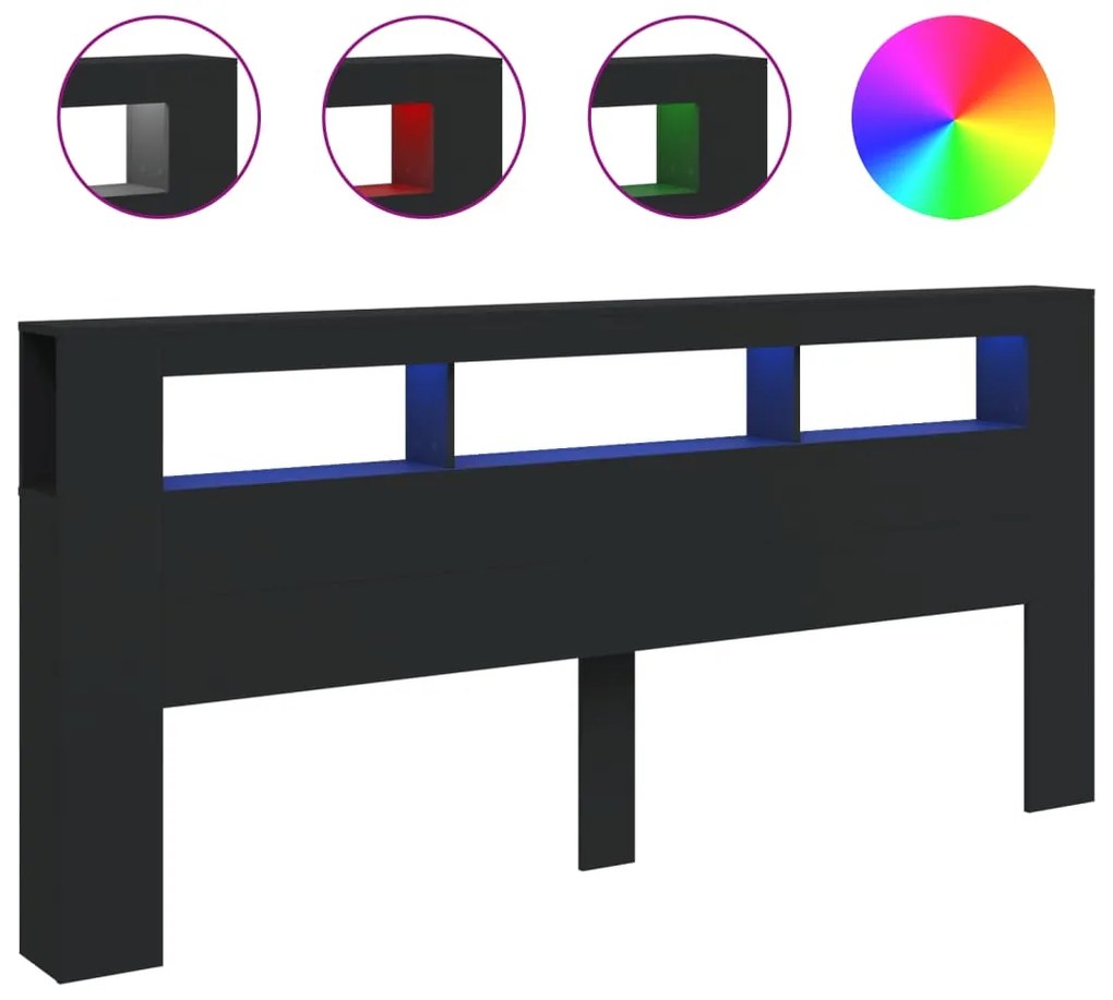 Testiera led nera 220x18,5x103,5 cm legno multistrato