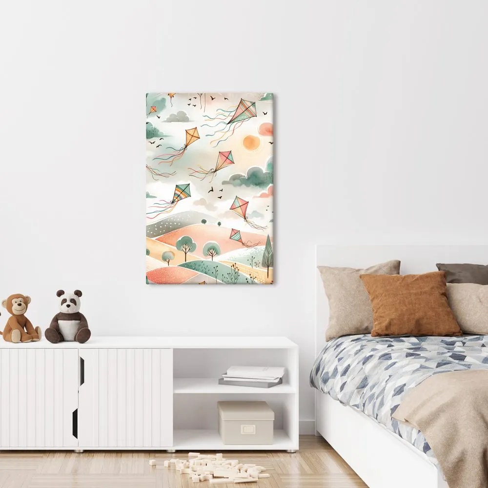 Quadro su tela – Paesaggio pastello con aquiloni nel cielo