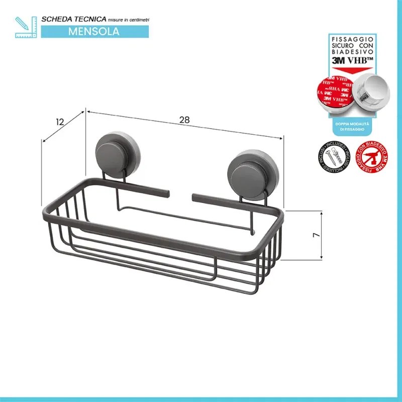 Mensola doccia portaoggetti rettangolare in acciaio canna di fucile doppio fissaggio