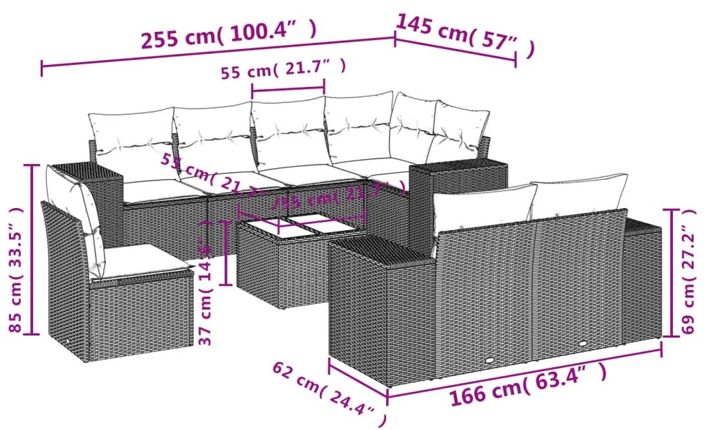 Set divano da giardino 9 pz con cuscini beige in polyrattan