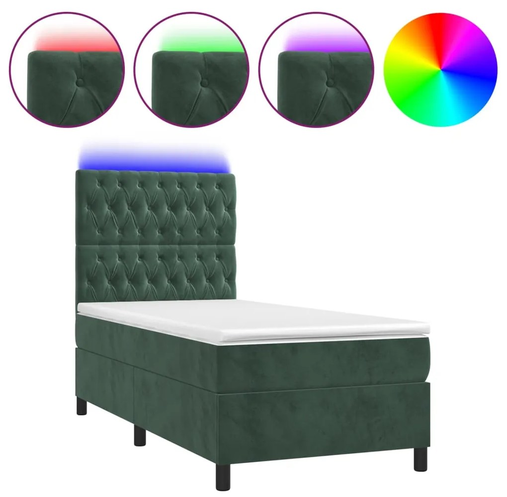 Letto a molle con materasso e led verde scuro 100x200cm velluto