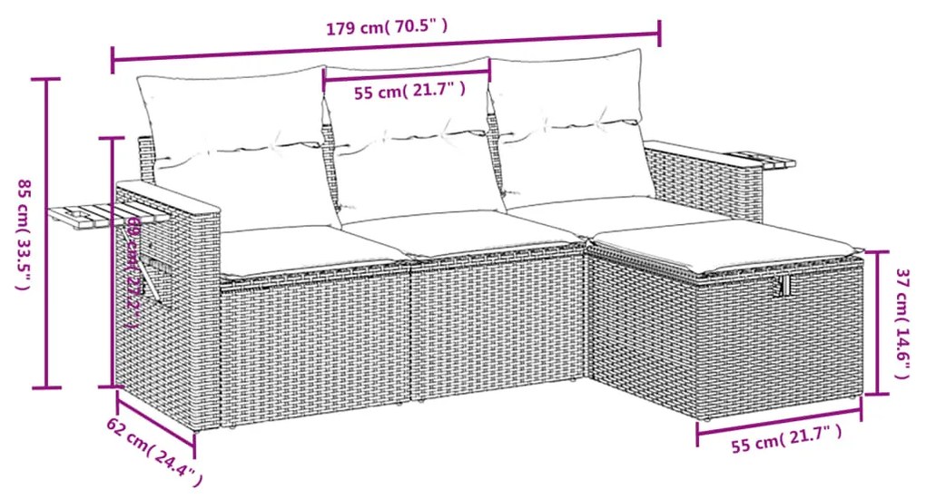 Set divani da giardino 4 pz con cuscini nero in polyrattan