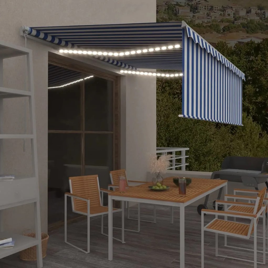 Tenda Sole Retrattile Manuale Con Led 4x3m Blu E Bianco /