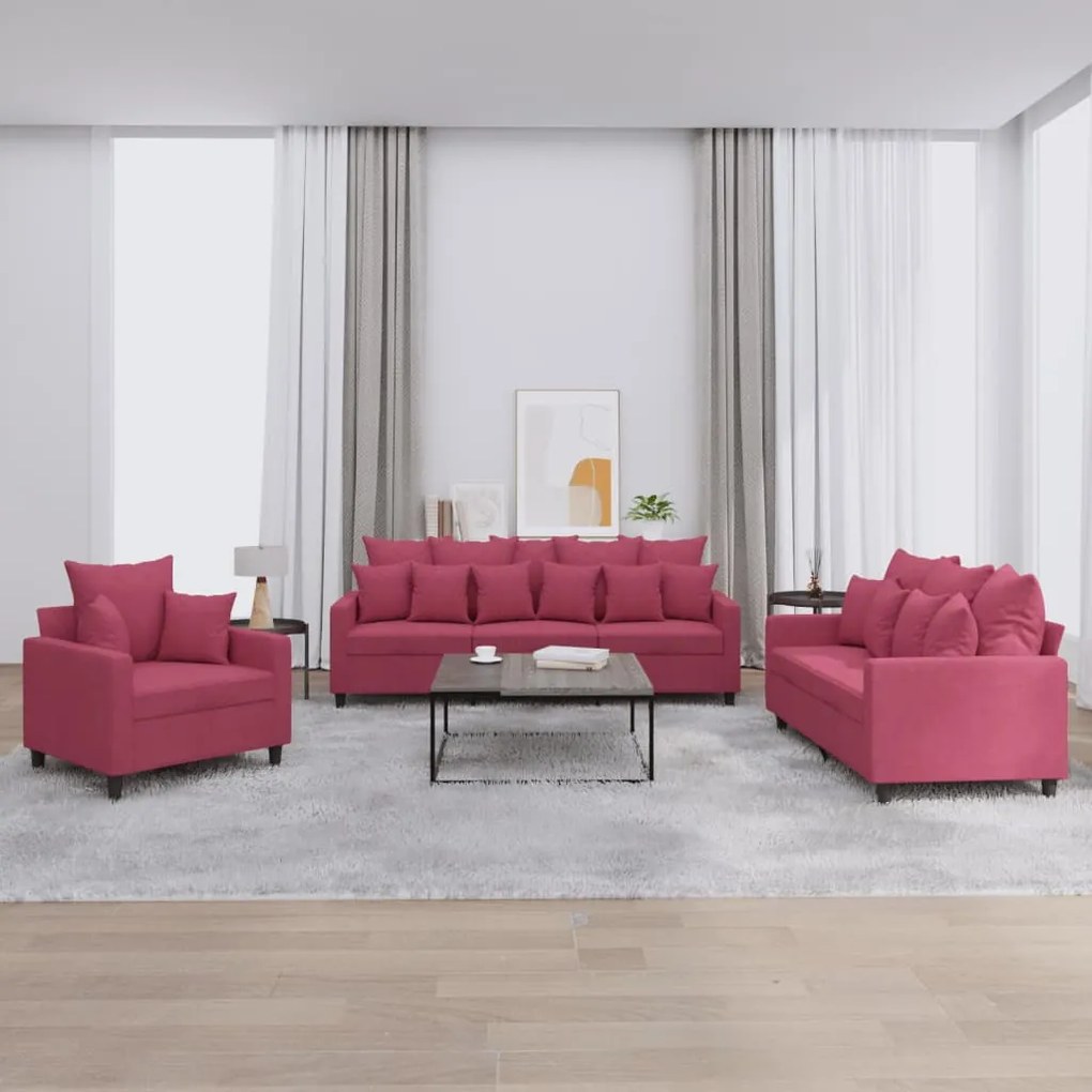 Set Di Divani 3 Pz Con Cuscini Rosso Vino İn Velluto /