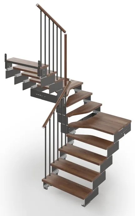 Scala a rampa 2/4 di giro Gala IRIS, larghezza 60 cm, struttura in acciaio grigio antracite, gradini in legno faggio, colore noce