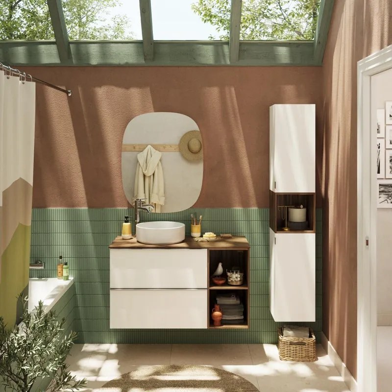 Mobile bagno sospeso con lavabo, top incluso L 100 x H 55 x P 45 cm bianco e noce  2 cassetti per vasca centrale Modern