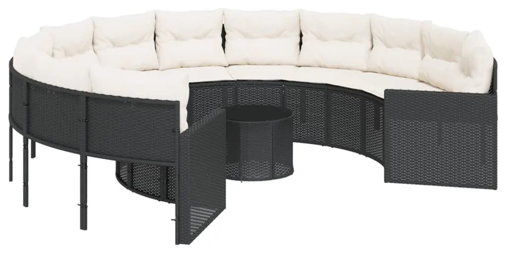 Divano giardino con tavolo e cuscini circolare nero polyrattan