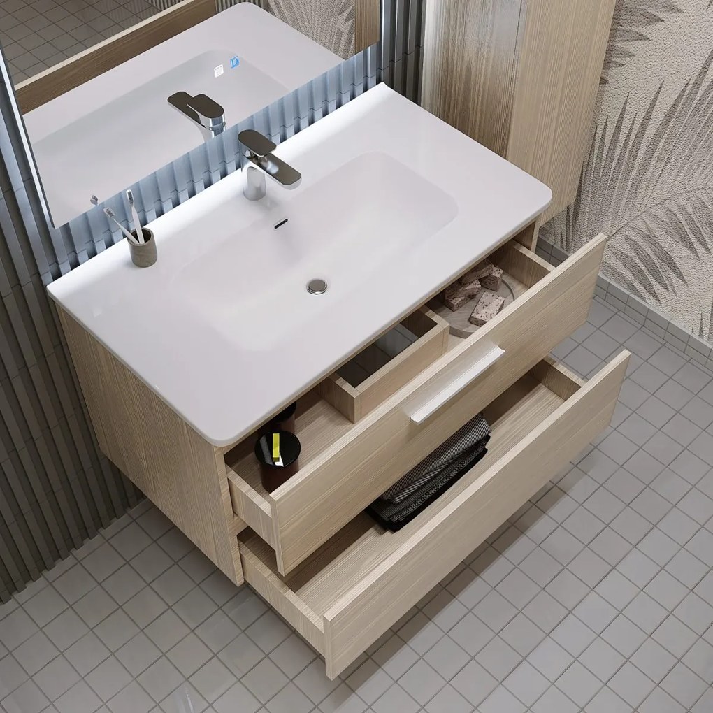 Mobile bagno sospeso da 120 cm rovere chiaro con lavabo e colonna Linda 8220