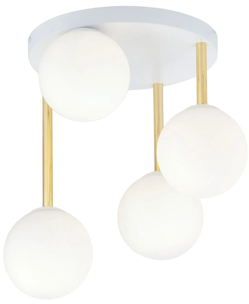Plafoniera Contemporanea 4 Luci Teseo In Acciaio Bianco Oro E Sfere Vetro Bianco