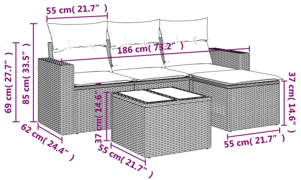 Set divano da giardino 5 pz con cuscini marrone in polyrattan