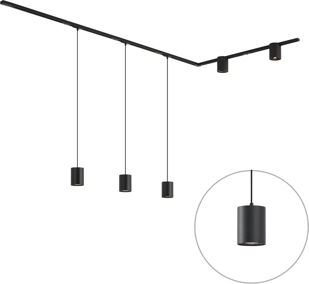 Sistema di illuminazione a binario moderno nero con 3 luci a sospensione e 2 faretti monofase - Iconic Holt Rondoo Up