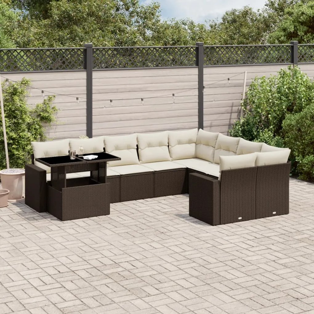 Set divani da giardino 10pz con cuscini in polyrattan marrone