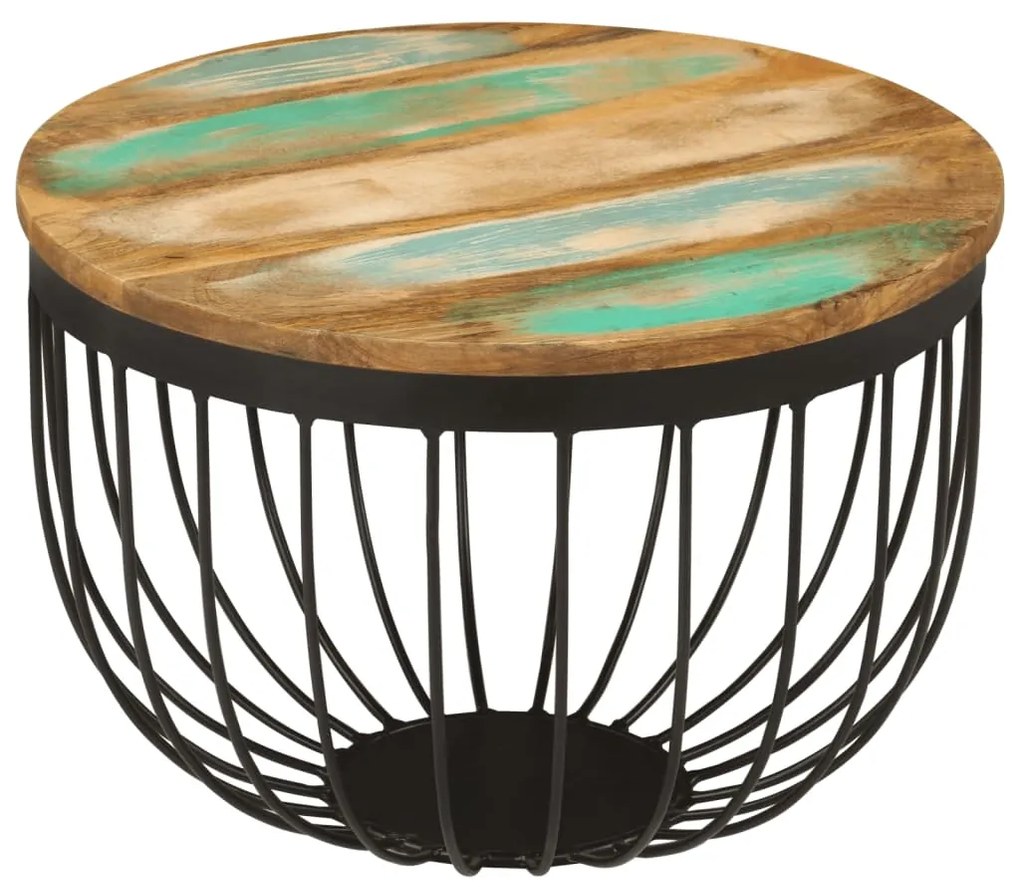 Tavolino Ø50x35 Cm İn Legno Massello Di Recupero E Acciaio /