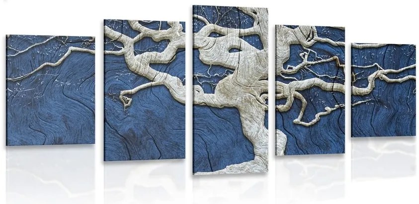 Quadri 5 pezzi – Albero astratto su legno con contrasto blu