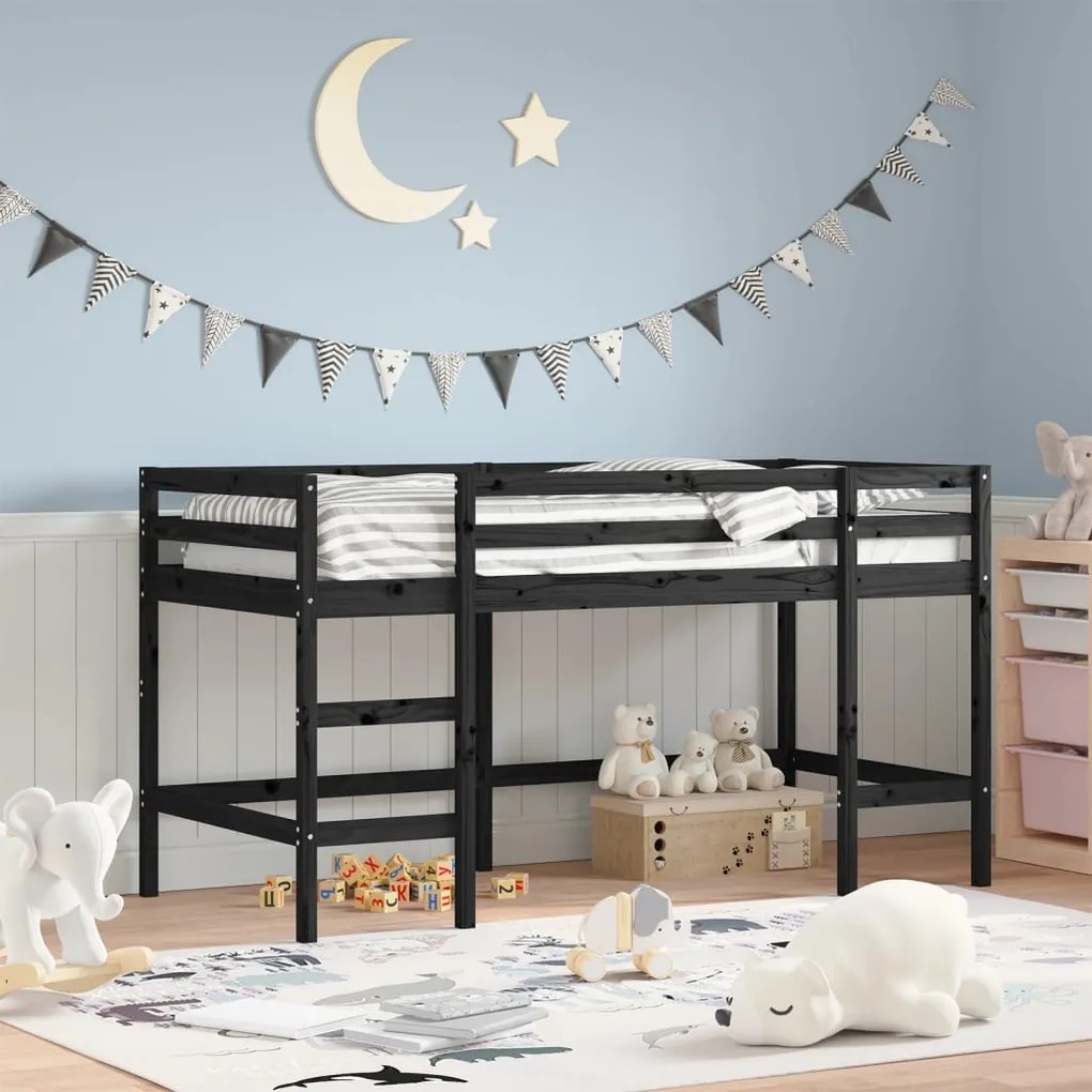 Letto Soppalco Con Scala Bambini Nero 90x200cm Massello Pino /