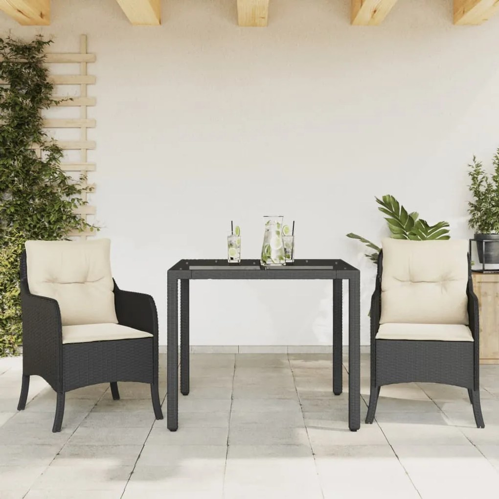 Set da pranzo da giardino 3 pz con cuscini nero in polyrattan