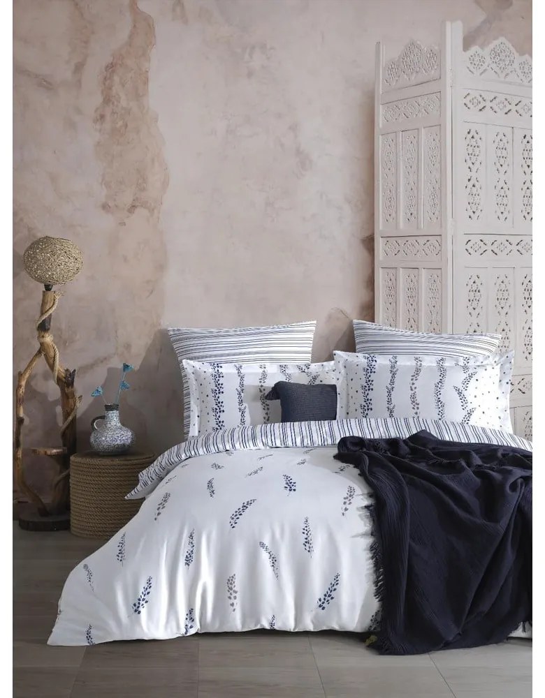 Set copripiumino e federa bianco/blu in raso di cotone per letto matrimoniale ed esteso 240x220 cm Marseille Floral – Mila Home Luxury