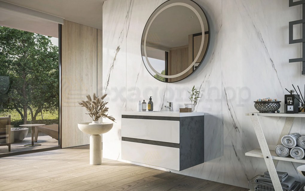 Mobile bagno stone bianco lucido 80x46 Milo a due cassetti con lavabo ad incasso