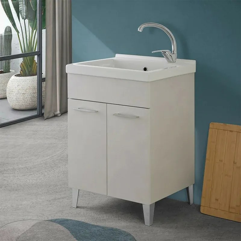 Mobile lavatoio 60x50 cm grigio calce vasca in ceramica e kit di scarico Moon