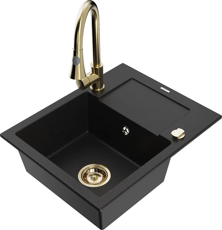 Mexen Enzo lavello da cucina in granito a 1 vasca con scolapiatti e rubinetto da cucina Elia, nero - 6506-77-670101-50