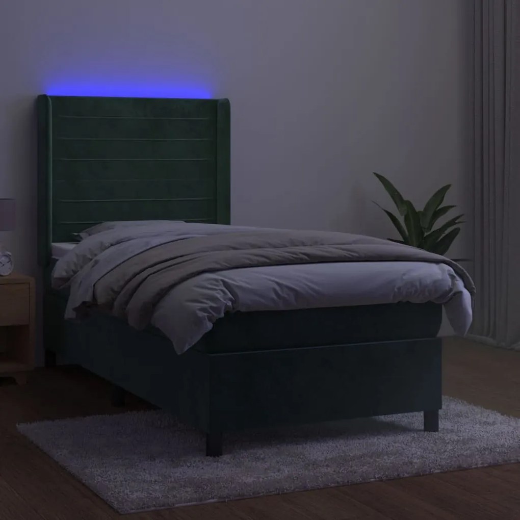 Letto a molle con materasso e led verde scuro 100x200cm velluto