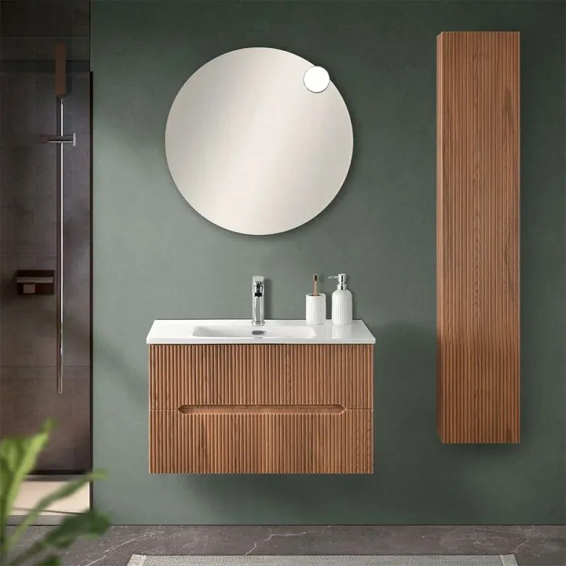 Mobile bagno sospeso 80 cm noce canaletto cannettato con specchio Bali