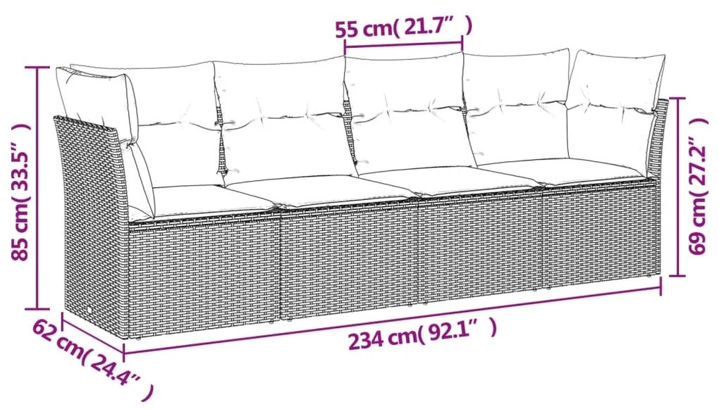 Set divano da giardino 4pz con cuscini grigio chiaro polyrattan