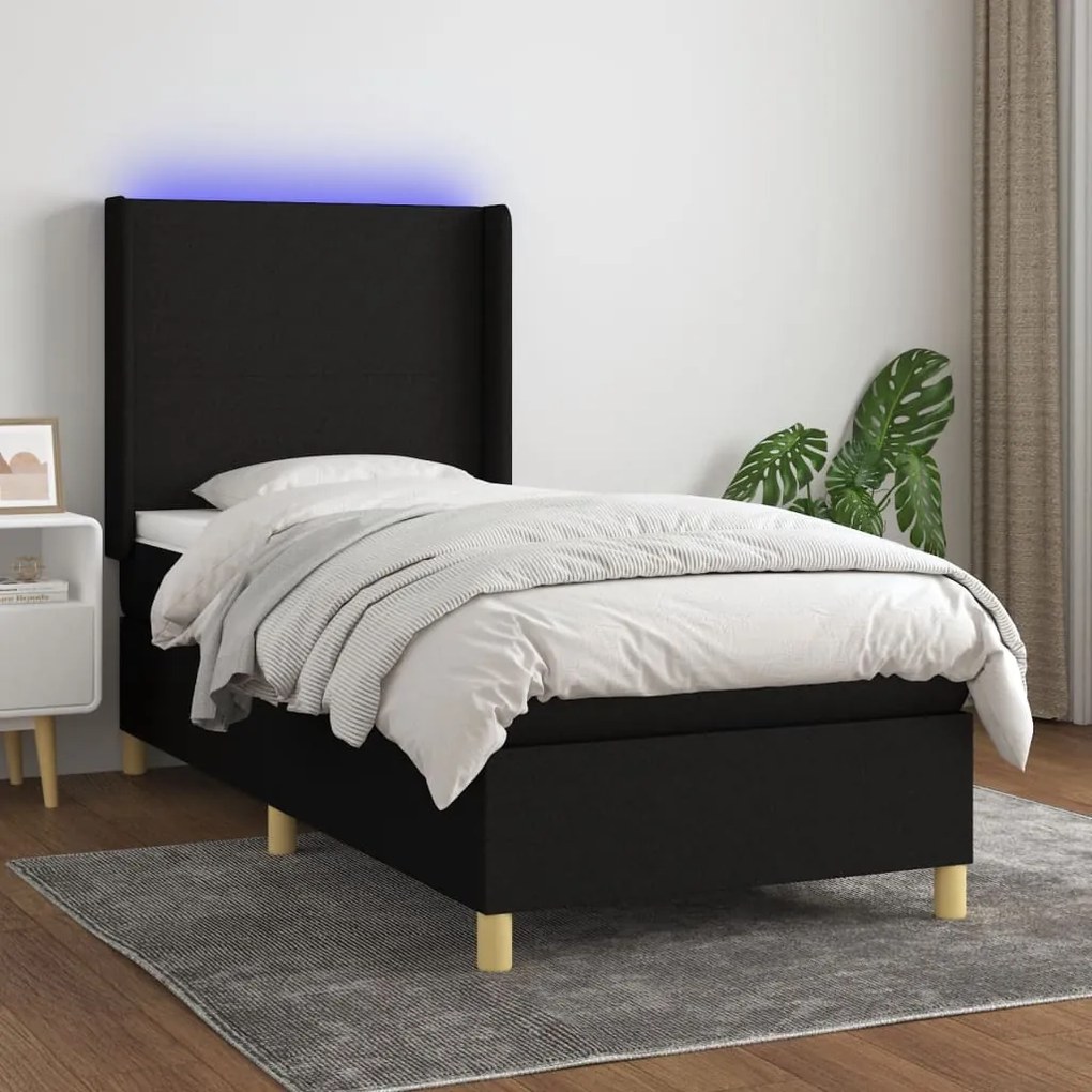 Letto a molle con materasso e led nero 90x190 cm in tessuto