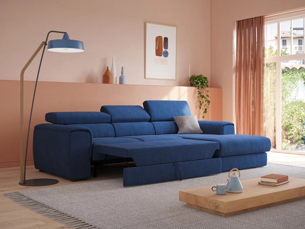 Zeno Divano angolare con pouf estraibile poggiapiedi in tessuto morbido impermeabile T02 blu