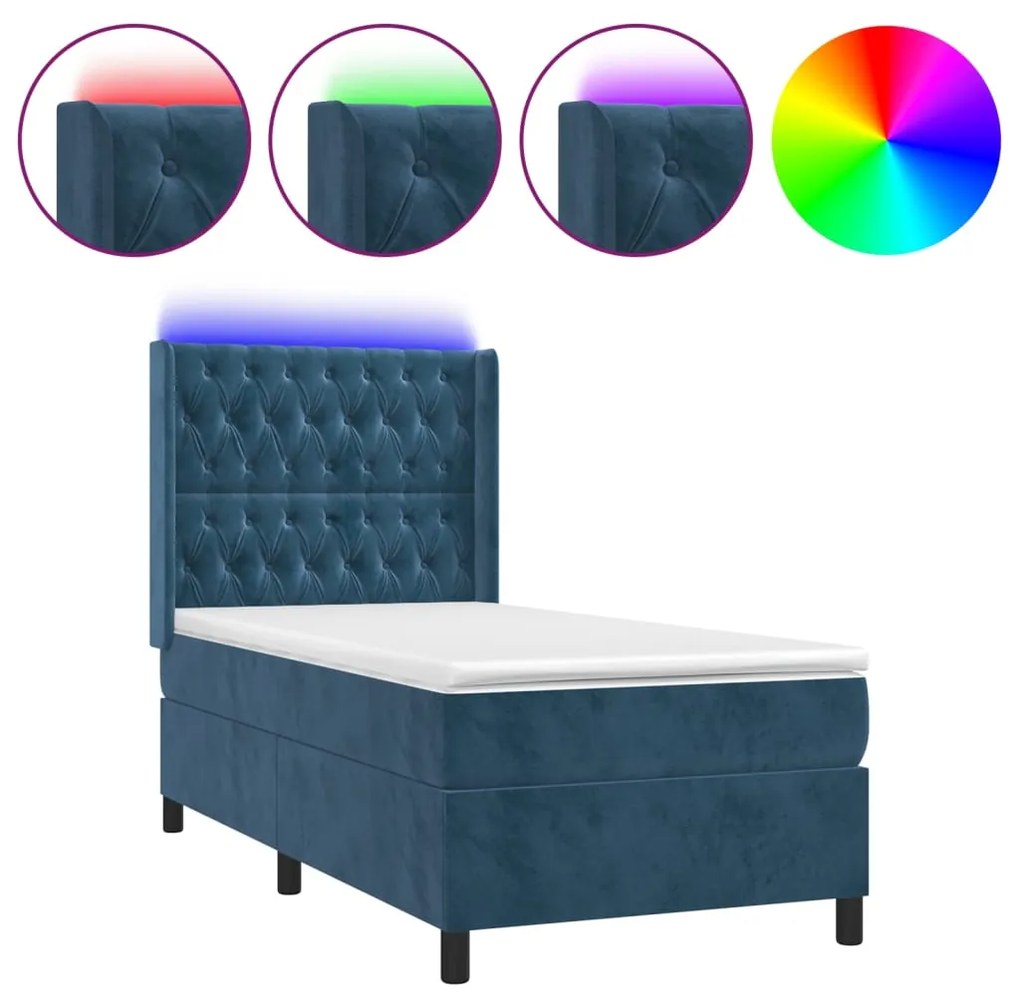 Letto a molle con materasso e led blu scuro 90x190cm in velluto