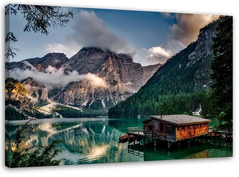 Stampa su tela Capanna al lago di montagna Dolomiti  Dimensioni 100x70