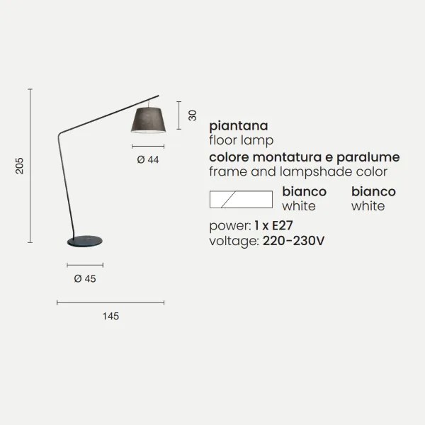 Piantana H205 cm con struttura in metallo Bianco e paralume in pvc VELVET