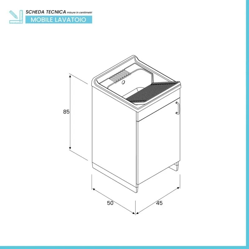 Mobile lavatoio 45x50 cm bianco in kit di montaggio con vasca e asse Ikaro