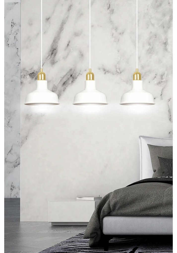 Lampadario Industrial 3 Luci Kubera In Acciaio Bianco Con Elementi In Oro