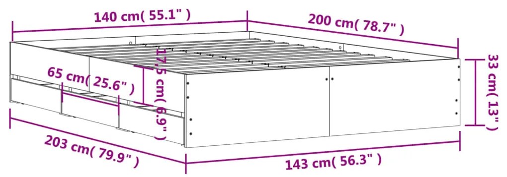 Giroletto con Cassetti Rovere Fumo 140x200 cm Legno Multistrato