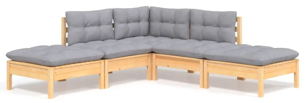 Set divani da giardino 5 pz con cuscini grigi massello di pino
