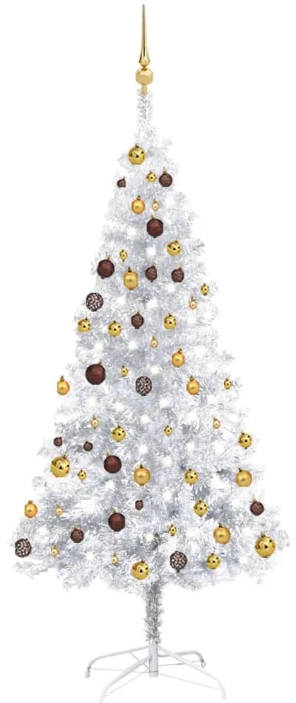 Albero di Natale Preilluminato con Palline Argento in PET, Albero di Natale Preilluminato con Palline Argento 180 cm PET III