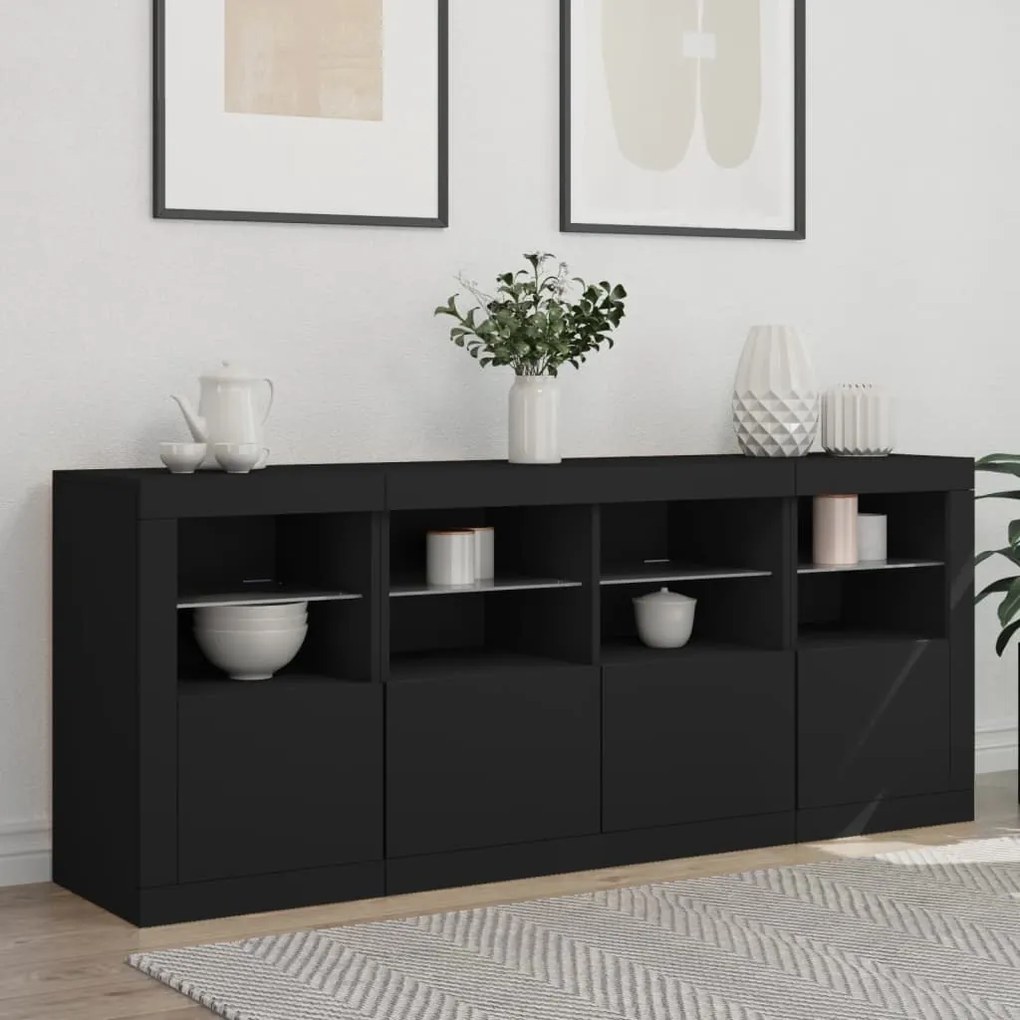 Credenza con luci led nera 163x37x67 cm