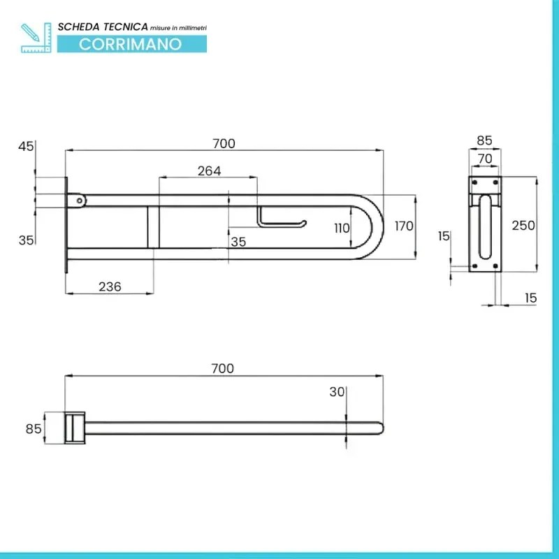 Barra di sostegno ribaltabile per disabili 70 cm in acciaio bianco con porta rotolo